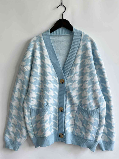 Houndstooth Botton Front Cardigan with Pockets