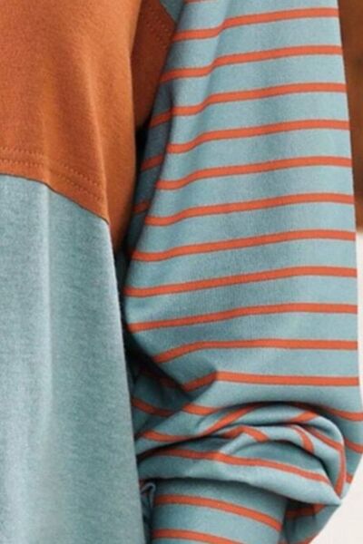 Round Neck Striped Long Sleeve Slit T Shirt