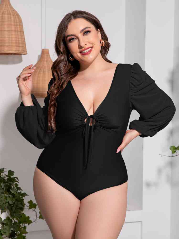 Plus Size Tied Deep V Balloon Sleeve One Piece Swimsuit