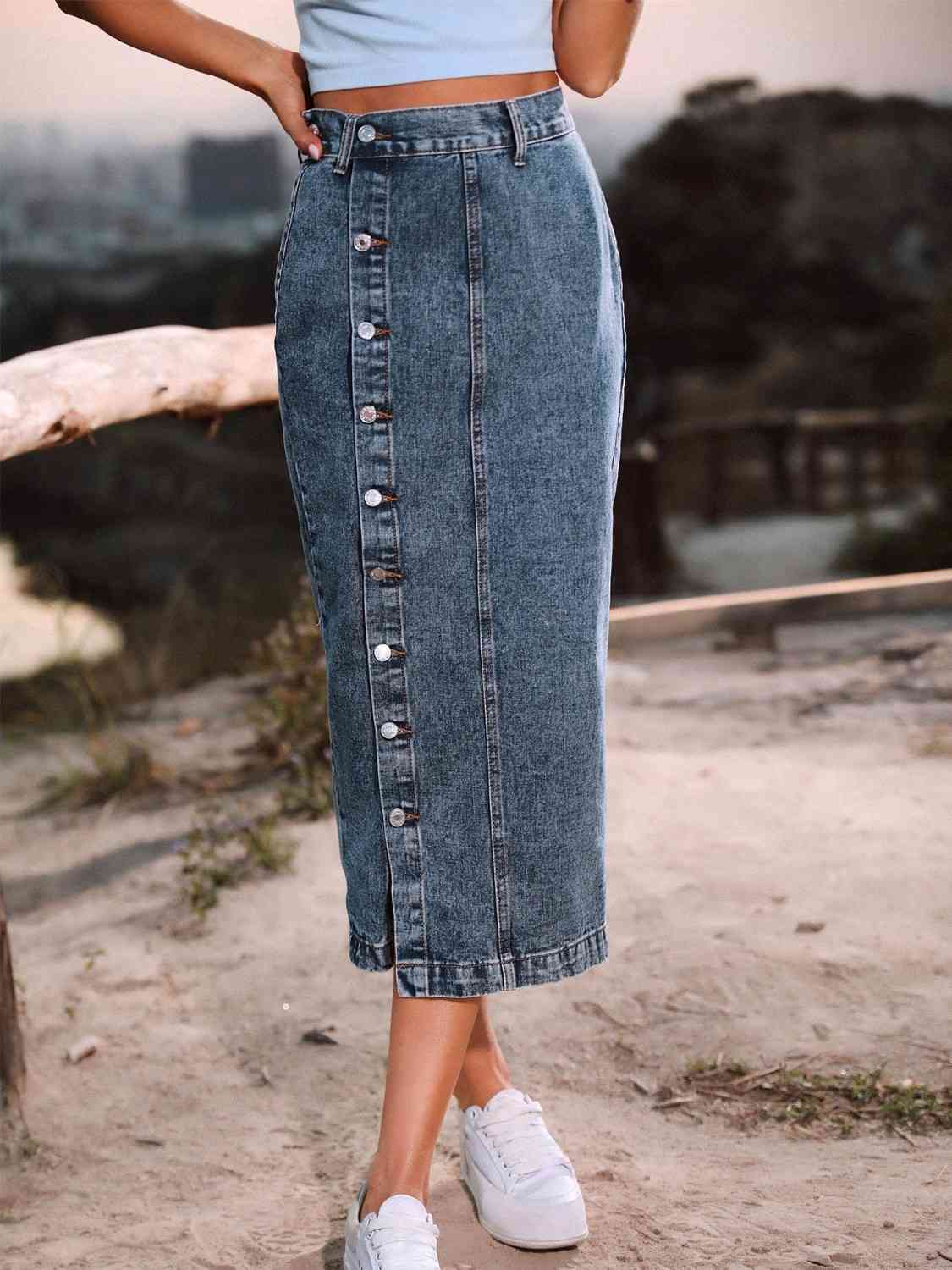 Button Down Midi Denim Skirt