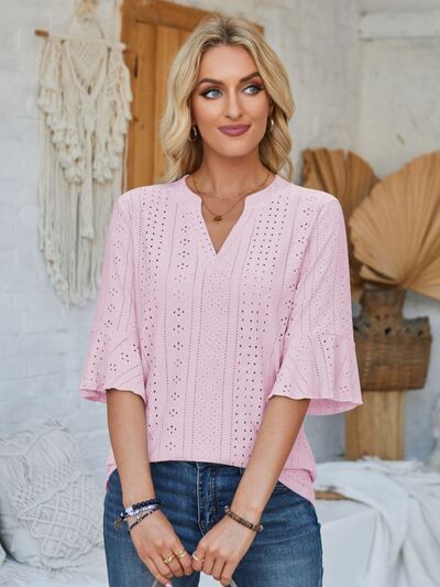 Eyelet Notched Half Sleeve T Shirt