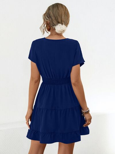 Ruffled Smocked V Neck Tiered Dress