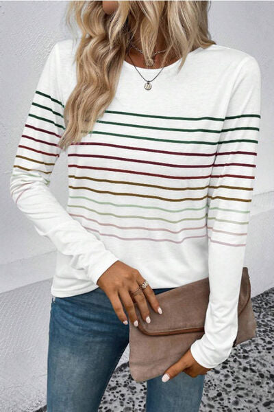 Striped Round Neck Long Sleeve T Shirt