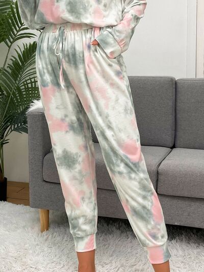 Tie Dye Round Neck Top and Drawstring Pants Lounge Set