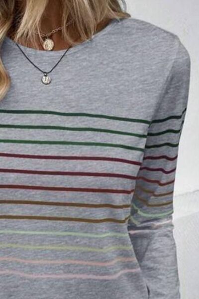 Striped Round Neck Long Sleeve T Shirt