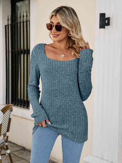 Square Neck Ribbed Long Sleeve T Shirt