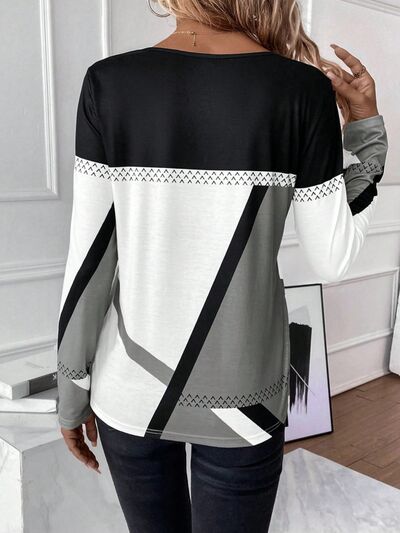 Contrast Round Neck Long Sleeve Tops