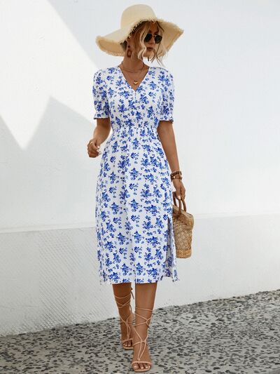 Slit Printed V Neck Short Sleeve Casual Dress