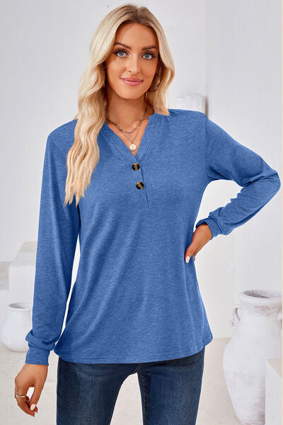 Notched Button Detail Long Sleeve T Shirt