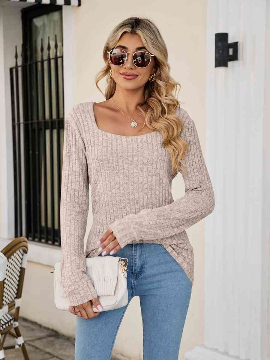 Square Neck Ribbed Long Sleeve T Shirt