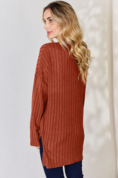 Full Size Ribbed Half Button Long Sleeve High Low T Shirt