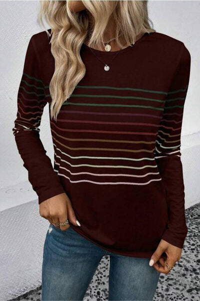 Striped Round Neck Long Sleeve T Shirt