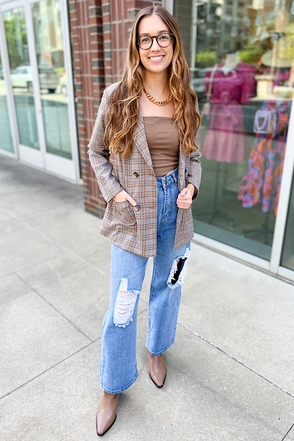 Preptastic Brown Orange Plaid Blazer