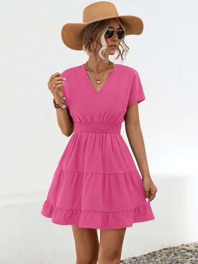 Ruffled Smocked V Neck Tiered Dress