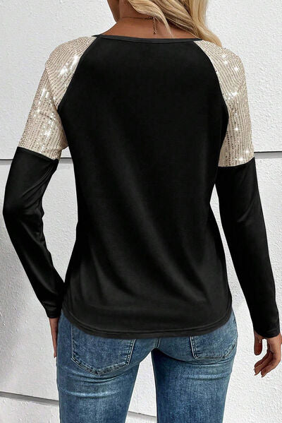 Sequin Round Neck Long Sleeve T Shirt