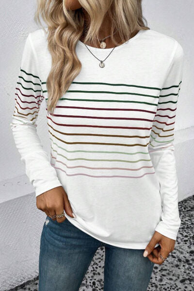 Striped Round Neck Long Sleeve T Shirt