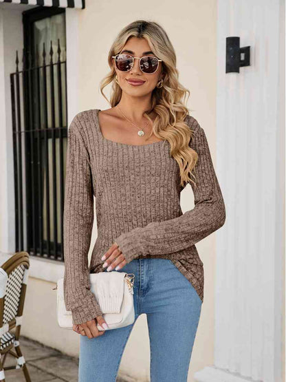 Square Neck Ribbed Long Sleeve T Shirt