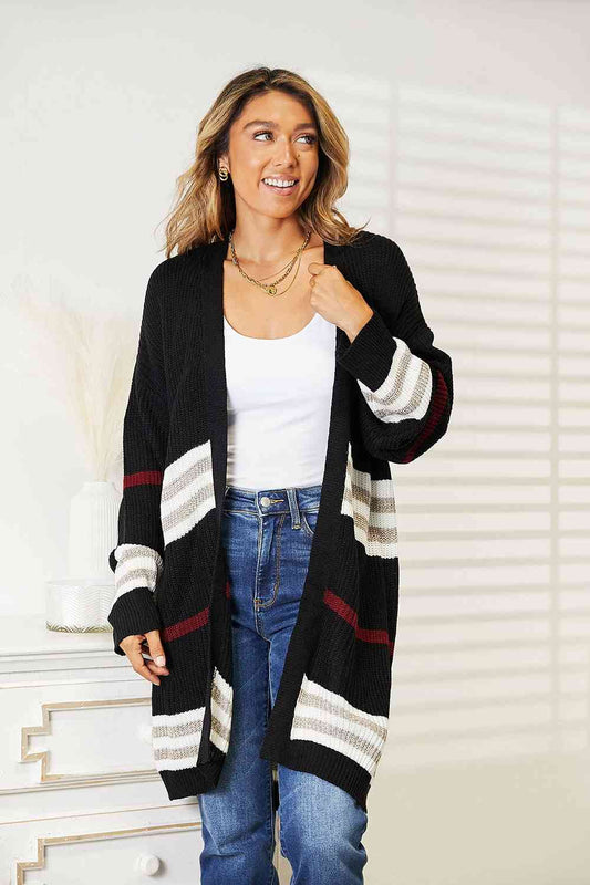 Double Take Striped Rib Knit Drop Shoulder Cardigan