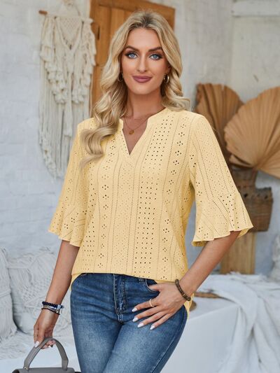 Eyelet Notched Half Sleeve T Shirt