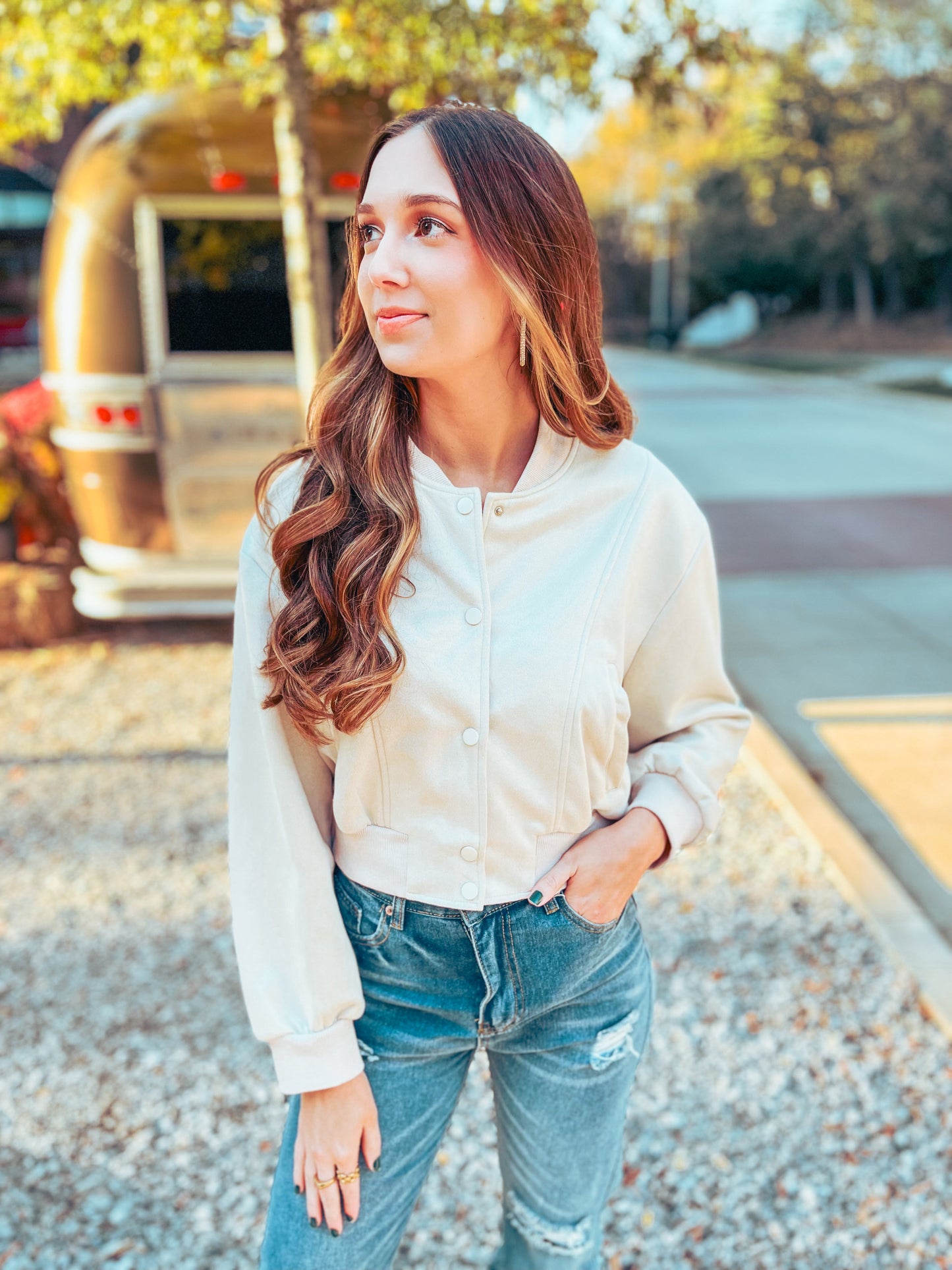 So Slick Cream Suede Bomber Jacket