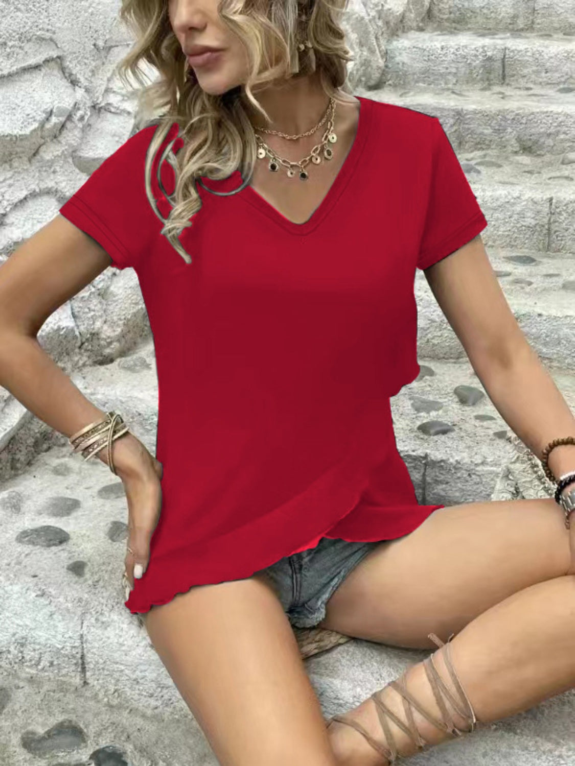 V Neck Short Sleeve Blouse