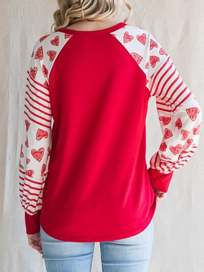 Heart Striped Quarter Button Long Sleeve T Shirt