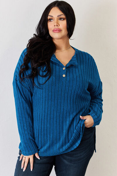 Full Size Ribbed Half Button Long Sleeve High Low T Shirt