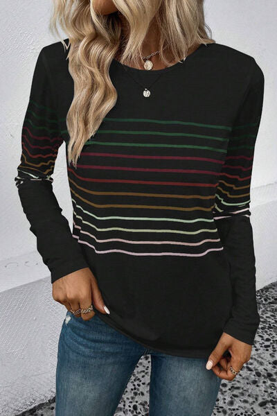 Striped Round Neck Long Sleeve T Shirt