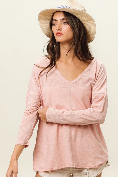 BiBi Exposed Seam V Neck Long Sleeve T Shirt