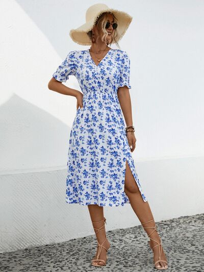 Slit Printed V Neck Short Sleeve Casual Dress