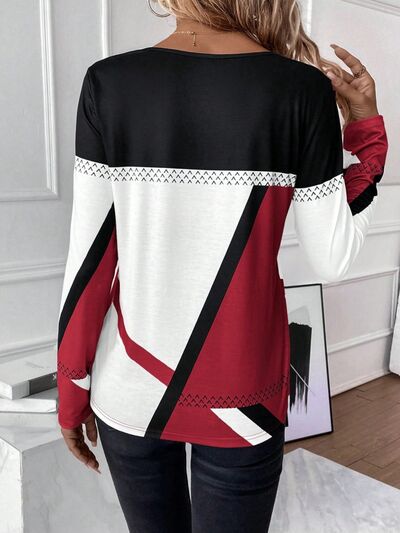 Contrast Round Neck Long Sleeve Tops