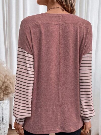 Round Neck Striped Long Sleeve Slit T Shirt