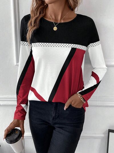 Contrast Round Neck Long Sleeve Tops