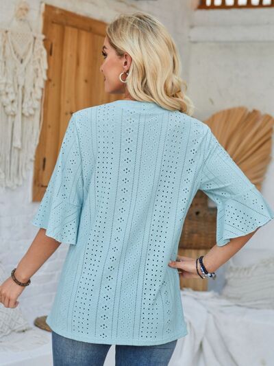 Eyelet Notched Half Sleeve T Shirt