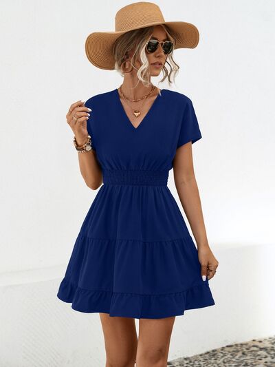 Ruffled Smocked V Neck Tiered Dress