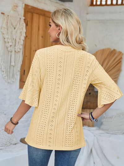 Eyelet Notched Half Sleeve T Shirt