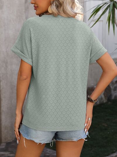 Eyelet Notched Short Sleeve T Shirt