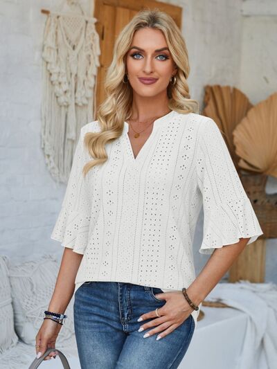 Eyelet Notched Half Sleeve T Shirt