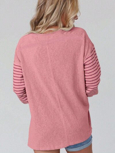 Round Neck Striped Long Sleeve Slit T Shirt