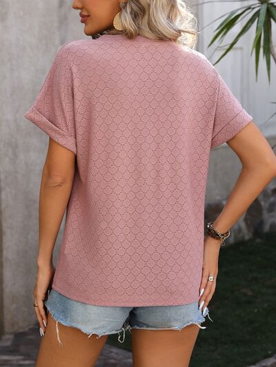 Eyelet Notched Short Sleeve T Shirt