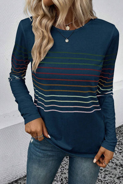 Striped Round Neck Long Sleeve T Shirt