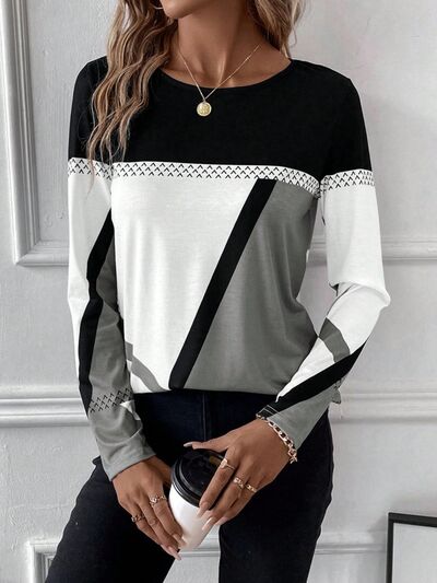 Contrast Round Neck Long Sleeve Tops