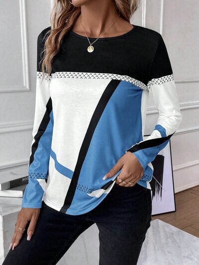 Contrast Round Neck Long Sleeve Tops