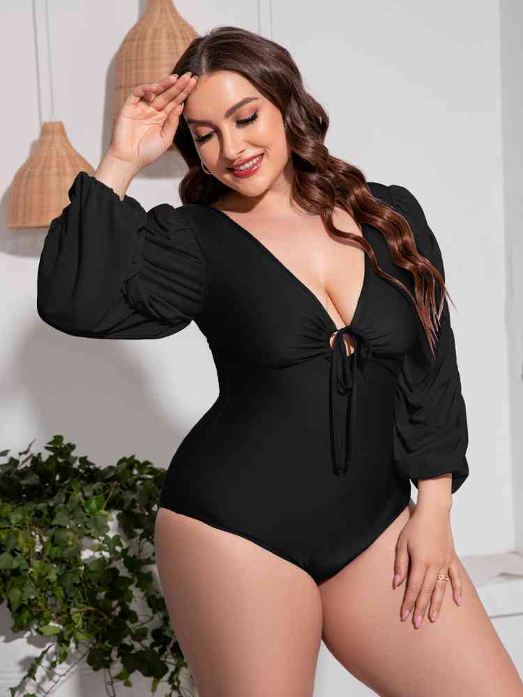 Plus Size Tied Deep V Balloon Sleeve One Piece Swimsuit