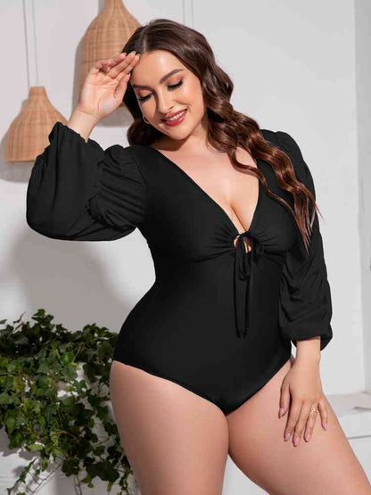 Plus Size Tied Deep V Balloon Sleeve One Piece Swimsuit