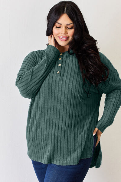 Full Size Ribbed Half Button Long Sleeve High Low T Shirt