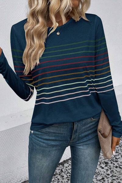 Striped Round Neck Long Sleeve T Shirt