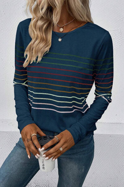 Striped Round Neck Long Sleeve T Shirt