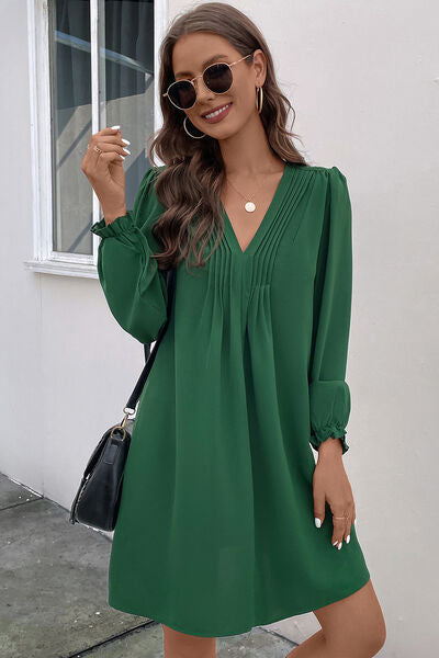 Ruched V Neck Flounce Sleeve Casual Dress