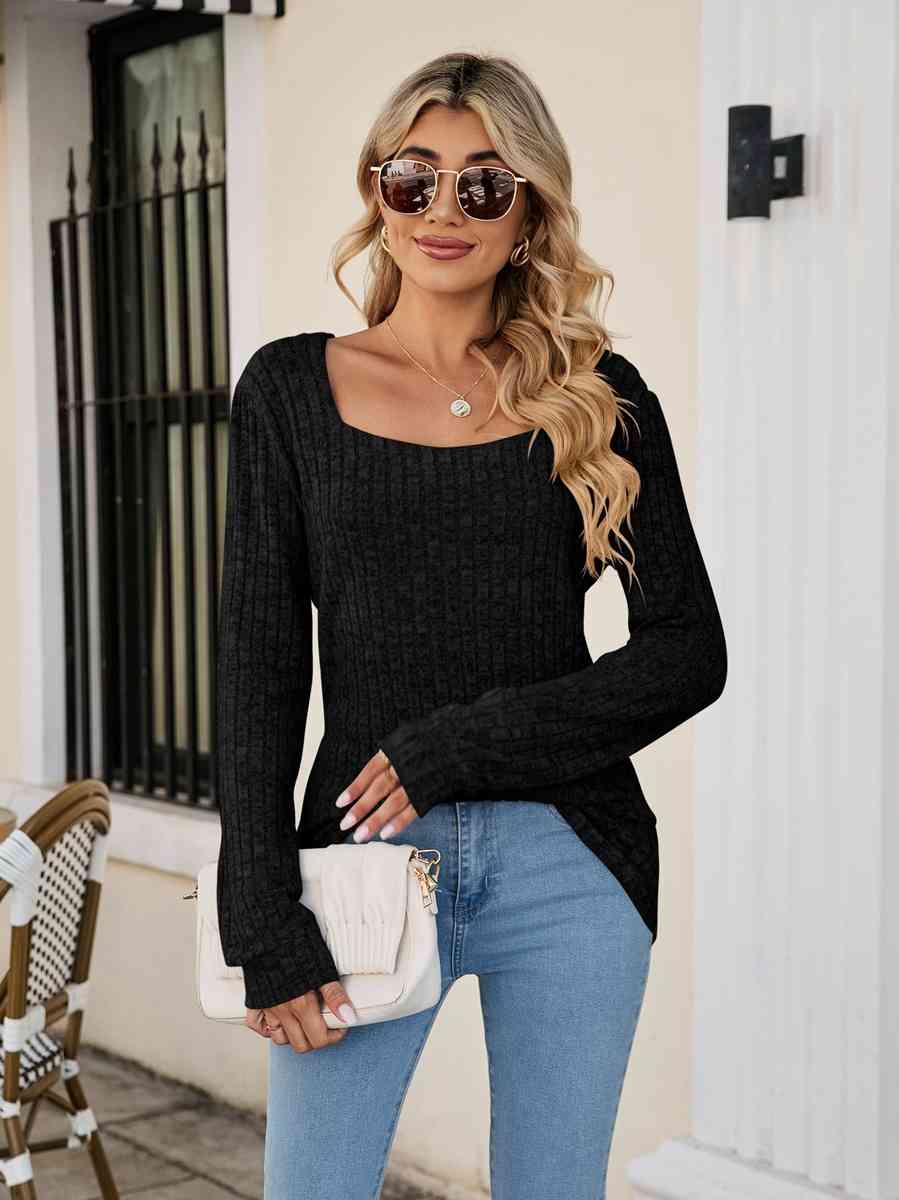 Square Neck Ribbed Long Sleeve T Shirt